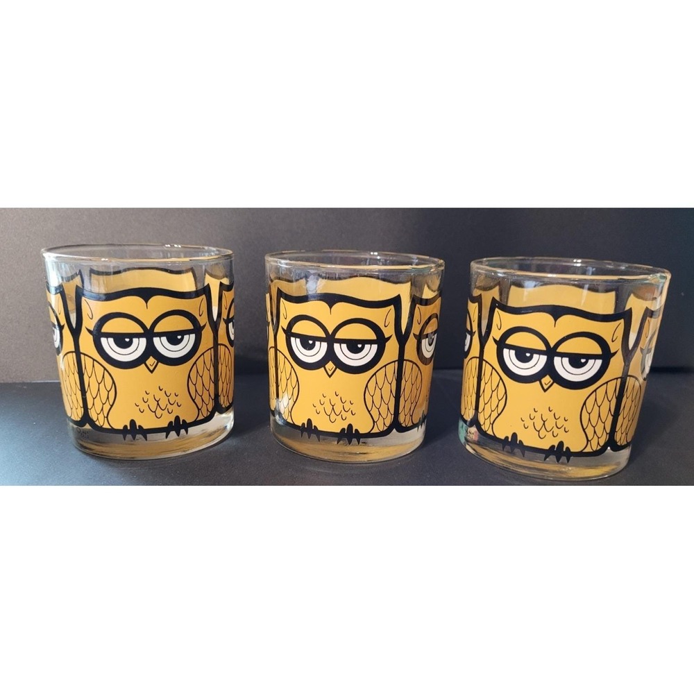 Set of 3 Libbey Owl Lowball Glasses‎ M Petti Mid Century Barware Vintage Rocks - Picture 2 of 9